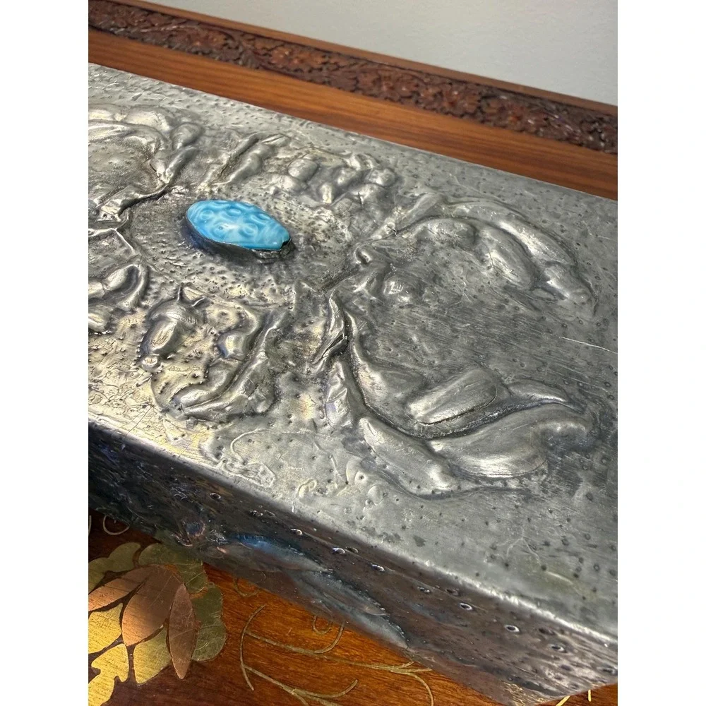 Antique‎ Art Nouveau Pewter Box • Repoussé Jewelry Casket w/ Blue Glass Cabochon